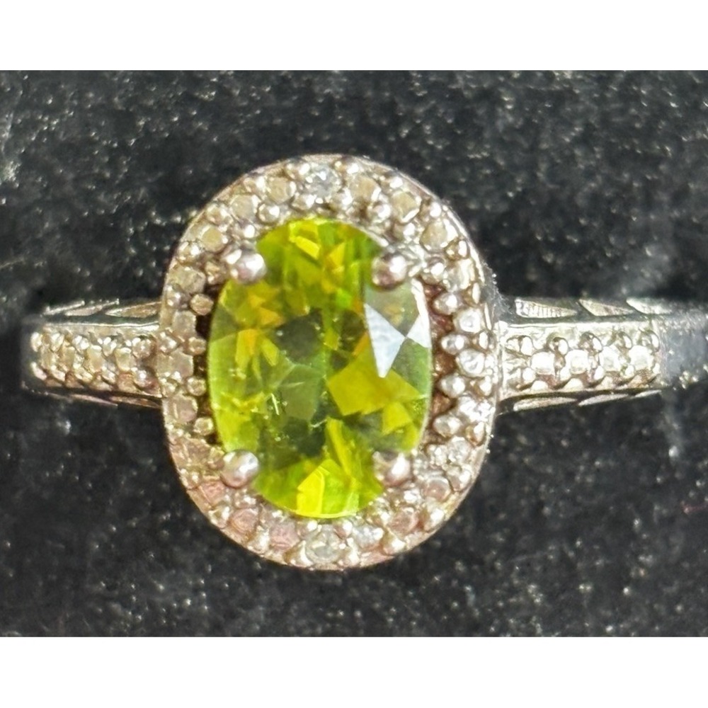 Sterling Silver Peridot Ring CZ Halo Size 7
